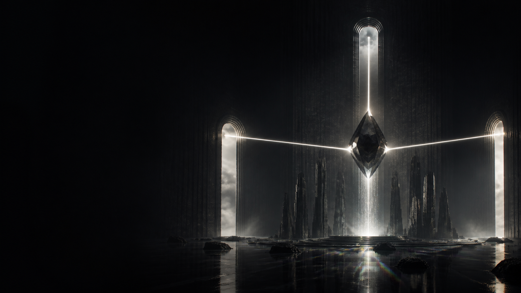 Three signals converging into a suspended obsidian core